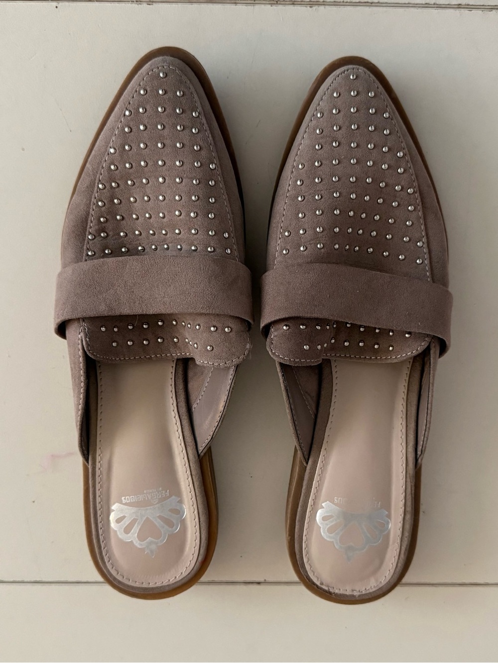 Fergalicious Studded Pointed Toe Mules Taupe Grey Suede Loafer Slides Boho Chic